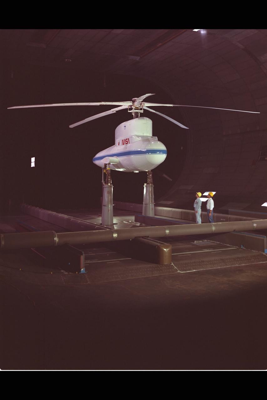Sikorsky Bearingless Main rotor (SBMR) mounted on the Ames Rotor Test Apparatus (RTA) for testing in the NASA Ames40x80ft Subsonic Wind Tunnel, test-584.