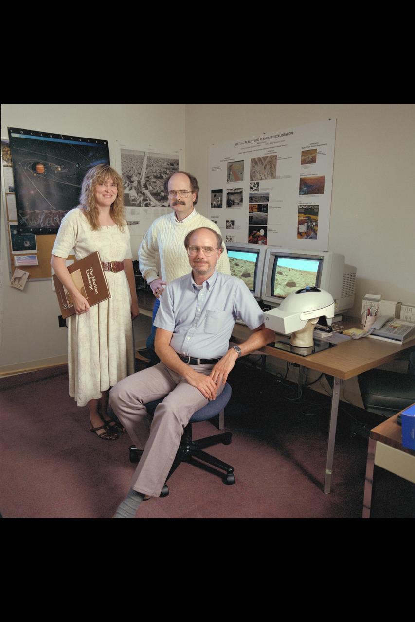 Virtual Environment Telepresence workstation, simulated Mars Exploration group Lewis Hitchner (seated) Cindy Fergouson, Dr Michael McGreevy (standing)