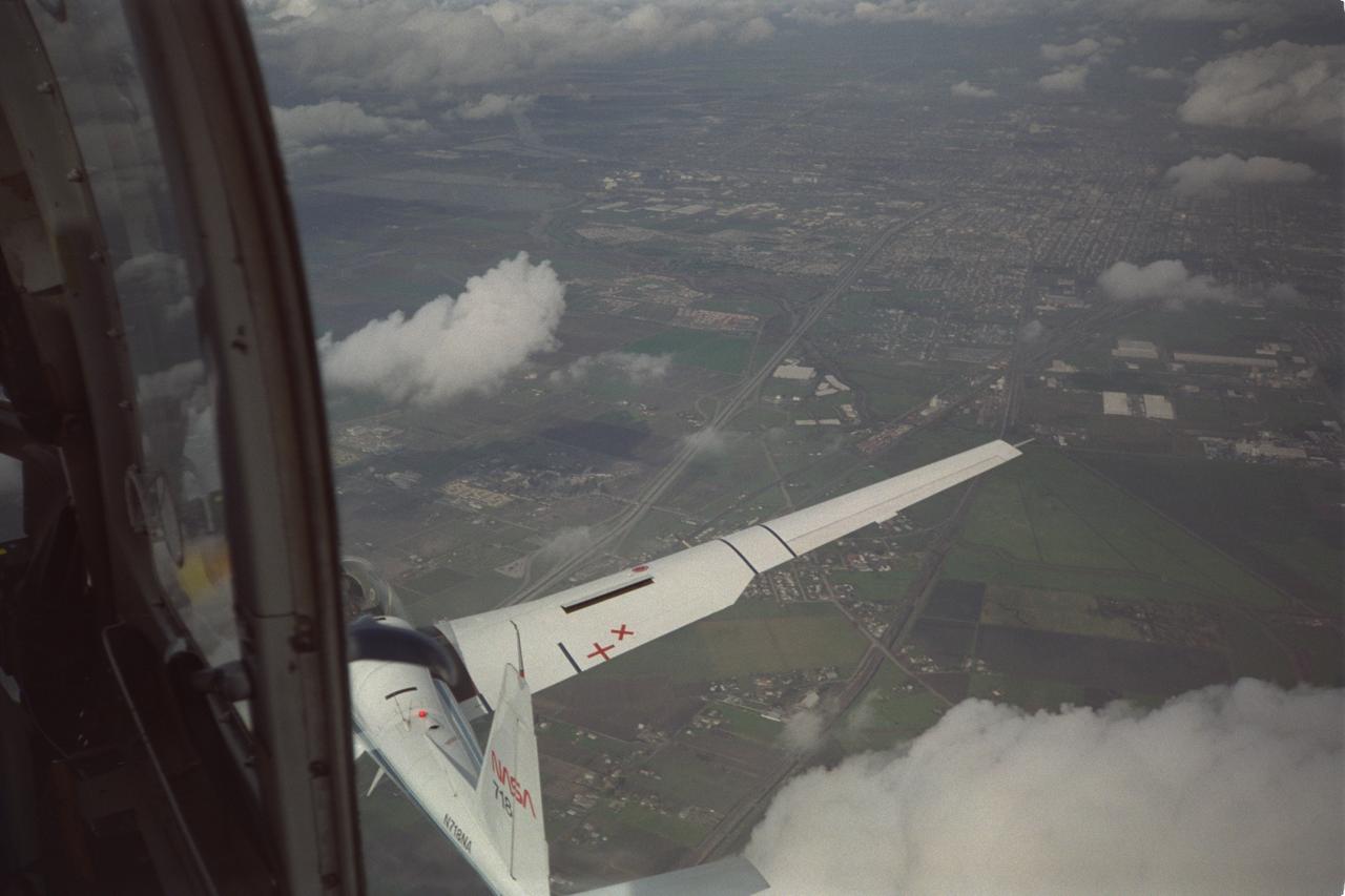view of YO-3A from cockpit of BO-105 helicopter during in flight rotorcraft acoustics program Distance Versus Noise Calibration over Livermore - Central Valley, CA