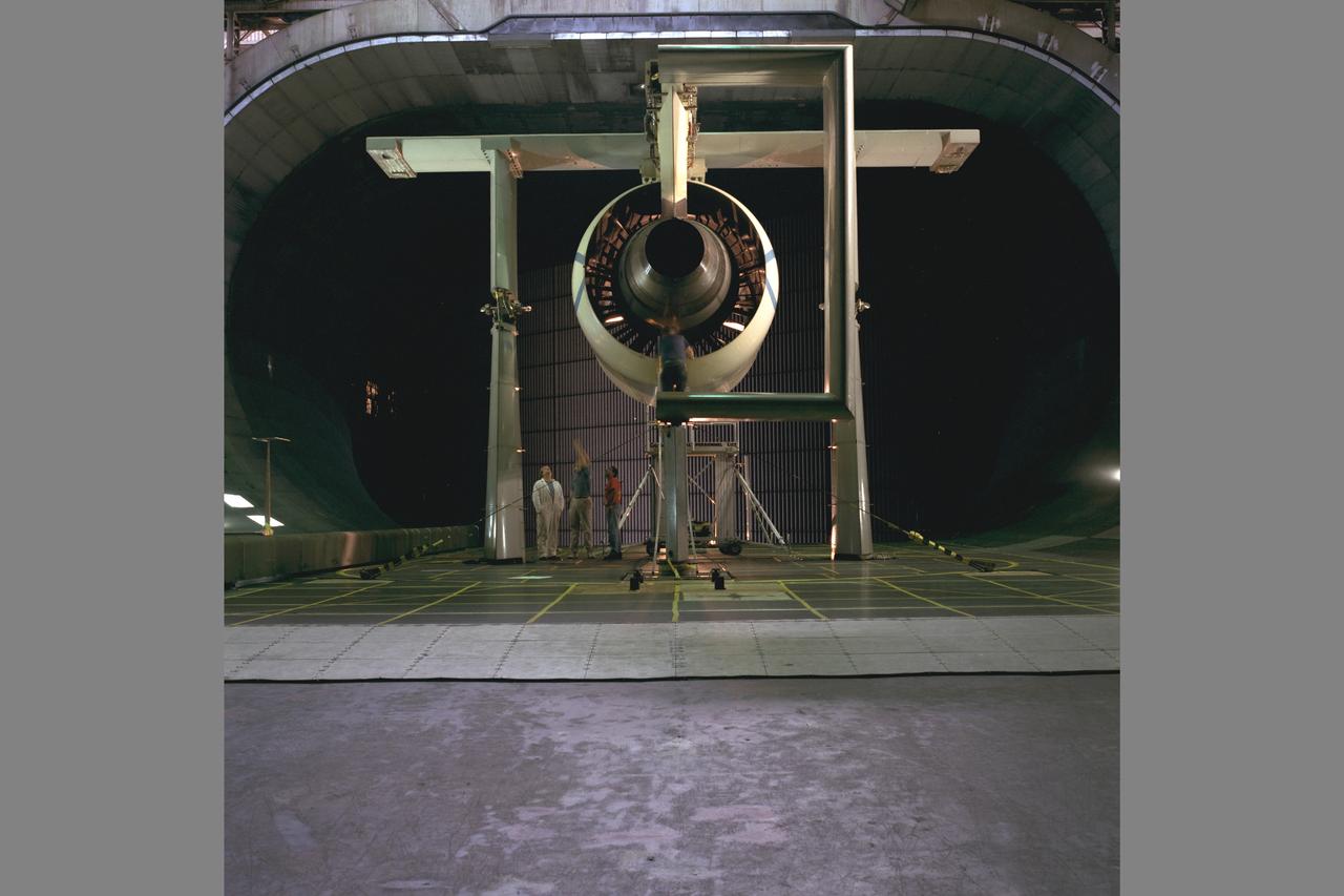Pratt & Whitney Advanced Ducted Propulsor (ADP) Engine Test-590 in NASA Ames 40x80ft Subsonic Wind Tunnel. The Pratt & Whitney advanced ducted prop (ADP) demonstrator undergoing acoustic and fan performance testing. ADP technology could lead to decreased fuel consumption and noise.