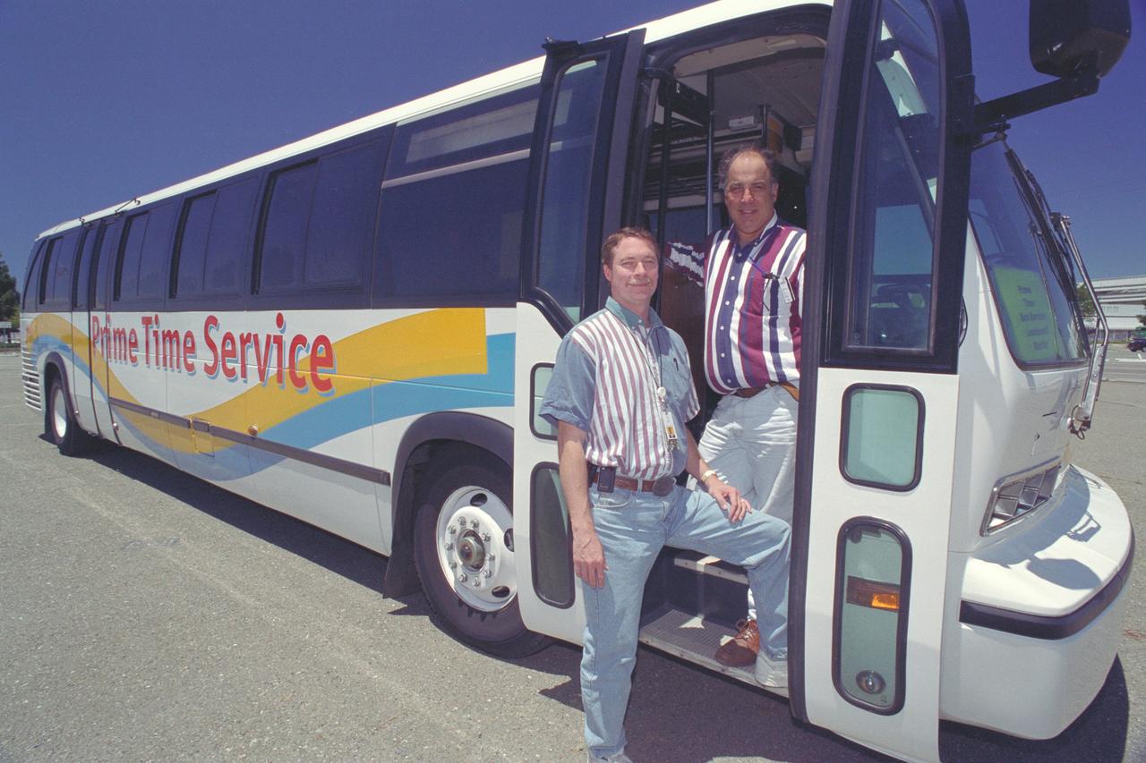 Lockheed Bus 'Prime Time' with drivers Danial Dague & Gary Zaharias. Ames Alternative Commute  Program (AACP)