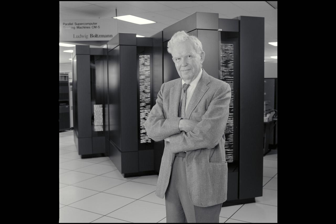 Harvey Lomax in front of the Cm-5 Parallel computer in the NAS Facility N-258 in honor of 50yrs of service