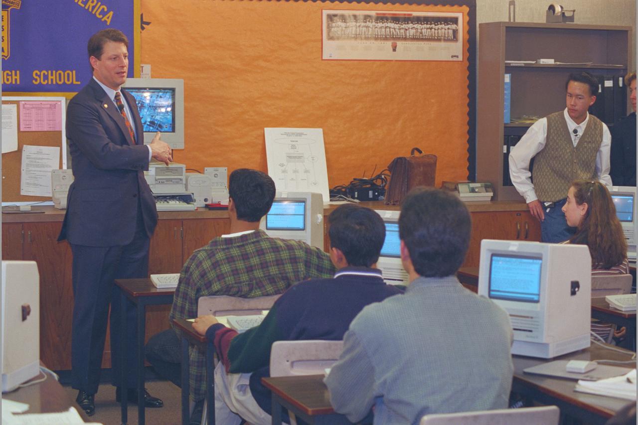 Vice President Al Gore Visits Bay Area & Monte Vista High School, Cupertino, California to promote communications superhighway.