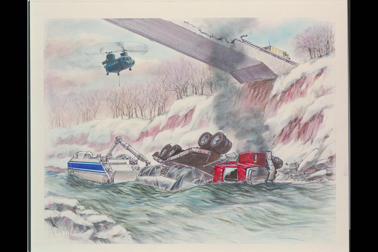 Artist: Ed Luna HAZMAT: Truck Crash: chemical spill clean-up in river (nuclear transportation clean-up)