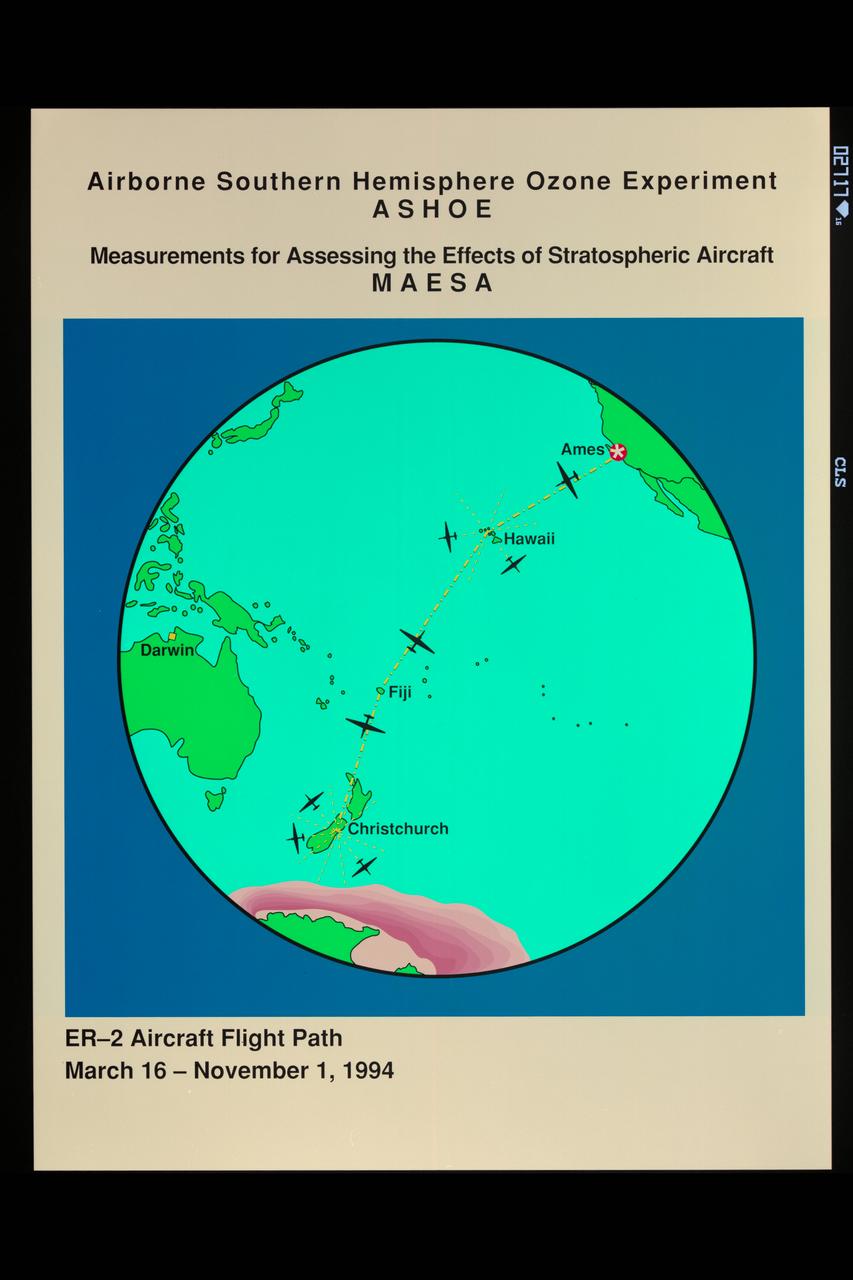 ER-2: ASHOE/MAESA Expidition art (P.I. S Hipskind) Airborne Southern Hemisphere Ozone Experiment; Measurements for Assessing the Effects of Stratospheric Aircraft -  Aircraft Flight Path March 16, - November 1, 1994