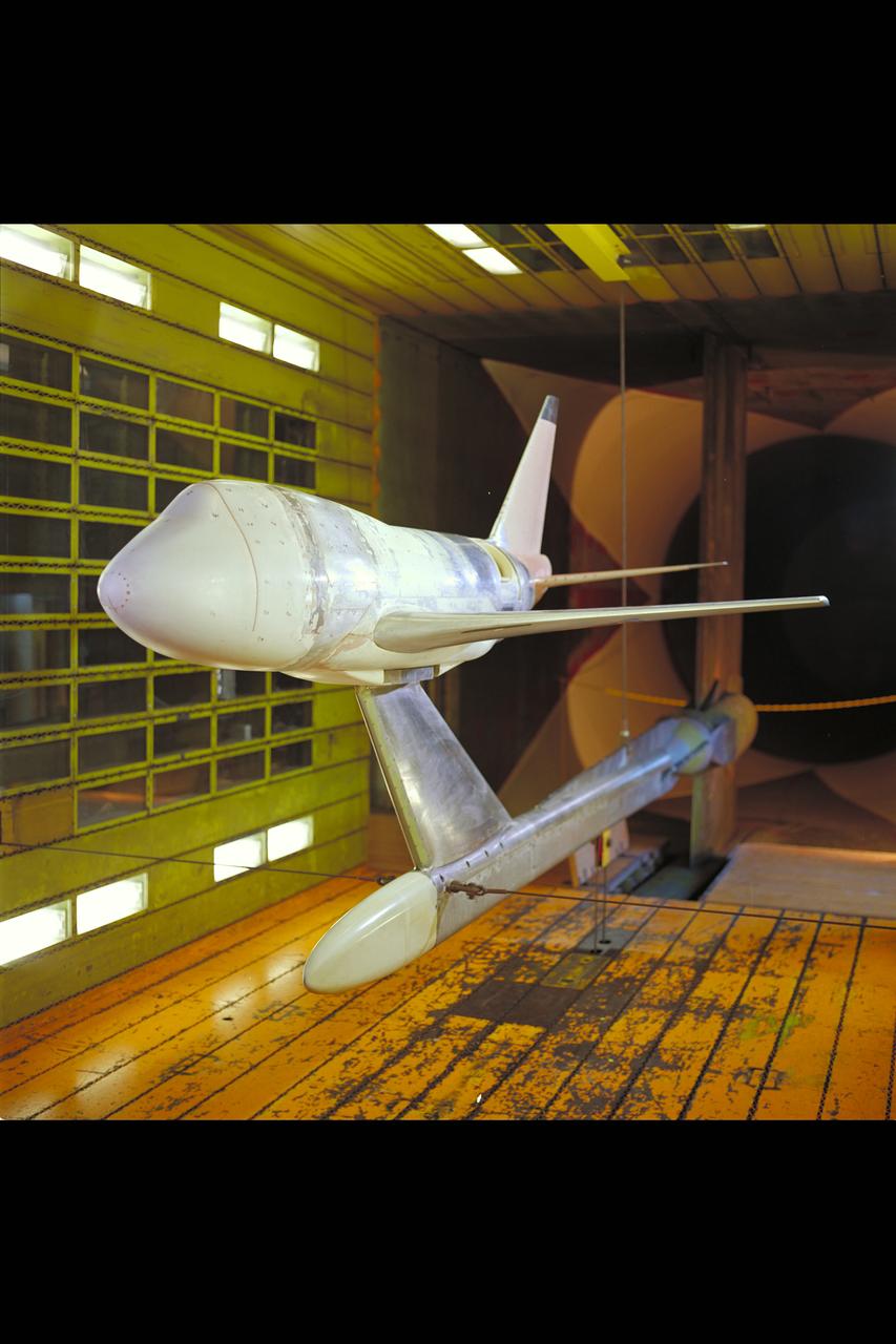 SOFIA (Stratospheric Observatory for Infrared Astronomy) with telescope postition to the rear  model prepares for testing in the NASA Ames Research Center  14ft  Transonic Wind Tunnel. Test-208-1-14
