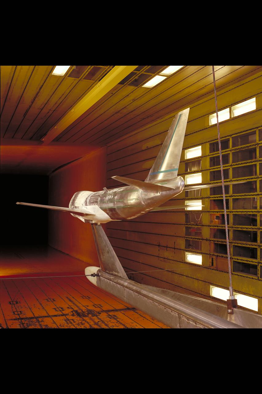 SOFIA (Stratospheric Observatory for Infrared Astronomy) with telescope postition to the rear  model prepares for testing in the NASA Ames Research Center  14ft  Transonic Wind Tunnel. Test-208-1-14