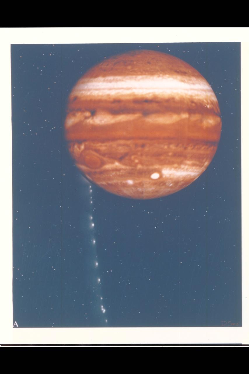 Photo Artwork composite by JPL This depiction of comet Shoemaker-Levy 9 impacting Jupiter is shown from several perspectives. IMAGE A is shown from the perspective of Earth based observers.  For visual appeal, most of the large cometary fragments are shown close to one another in this image. At the time of Jupiter impact, the fragments will be separated from one another by serveral times the distances shown. This image was created by D.A. Seal of JPL's Mission Design Section using orbital computations provIded by P.W. Chodas and D.K. Yeomans of JPL's Navigation Section.