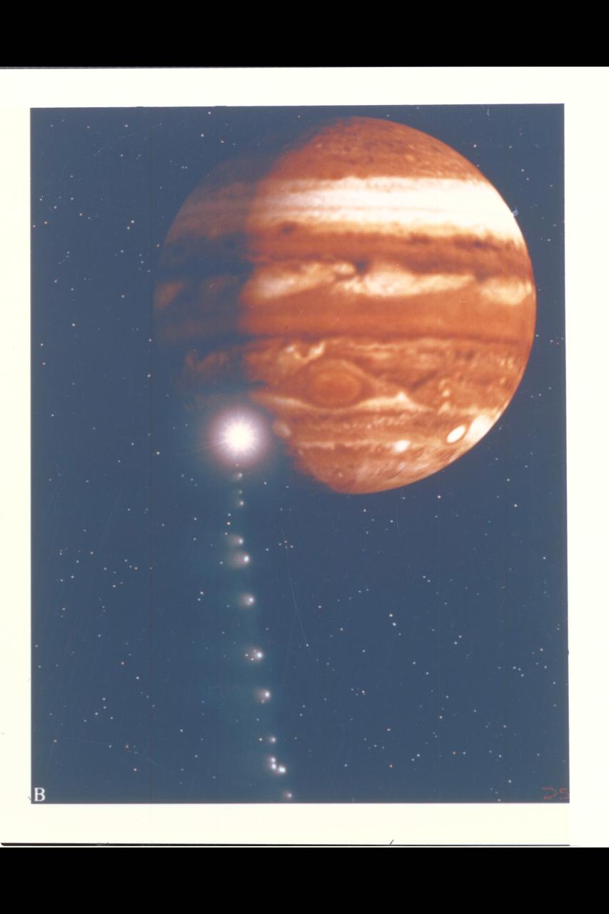 Photo Artwork composite by JPL This depiction of comet Shoemaker-Levy 9 impacting Jupiter is shown from several perspectives. IMAGE B shows the perspective from Galileo spacecraft which can observe the impact point directly. For visual appeal, most of the large cometary fragments are shown close to one another in this image. At the time of Jupiter impact, the fragments will be separated from one another by serveral times the distances shown. This image was created by D.A. Seal of JPL's Mission Design Section using orbital computations provIded by P.W. Chodas and D.K. Yeomans of JPL's Navigation Section.