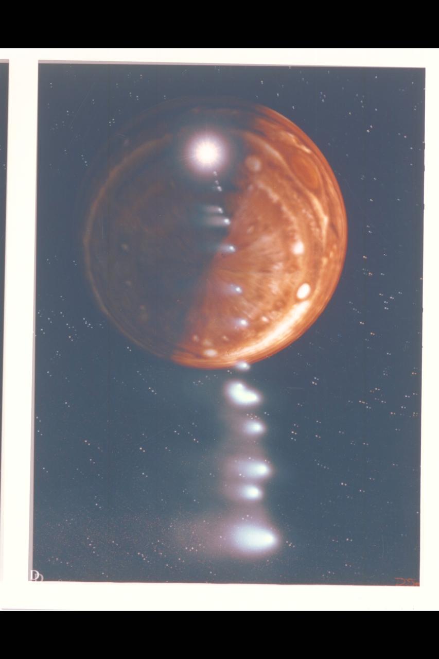 Photo Artwork composite by JPL This depiction of comet Shoemaker-Levy 9 impacting Jupiter is shown from several perspectives. IMAGE D depicts a generic view from Jupiter's south pole. For visual appeal, most of the large cometary fragments are shown close to one another in this image. At the time of Jupiter impact, the fragments will be separated from one another by serveral times the distances shown. This image was created by D.A. Seal of JPL's Mission Design Section using orbital computations provIded by P.W. Chodas and D.K. Yeomans of JPL's Navigation Section.