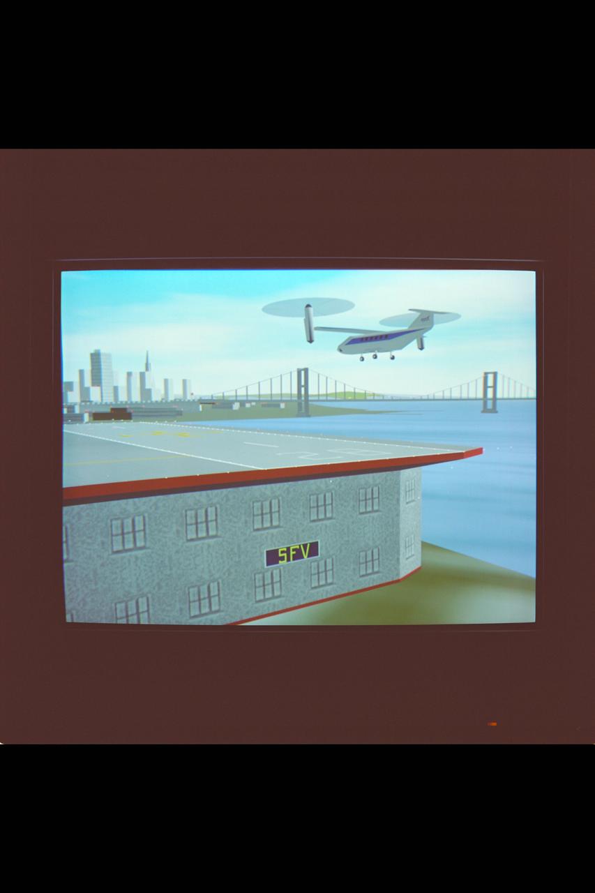 N-243 VMS R-Cab; Civil Tiltrotor Simulation  screen showing heliport (SFV) landing of CTR