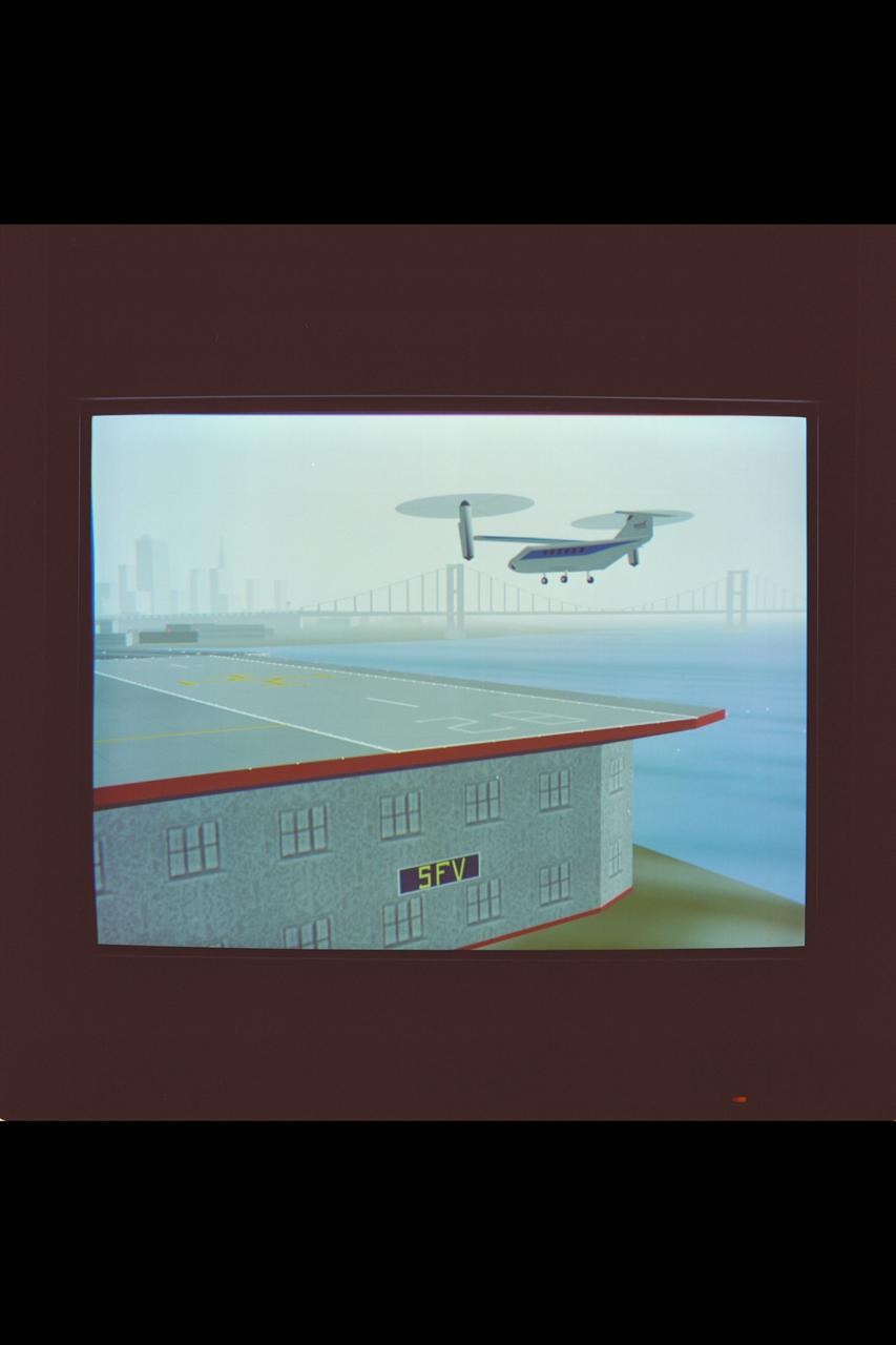 N-243 VMS R-Cab; Civil Tiltrotor Simulation  screne showing heliport (SFV) landing of CTR