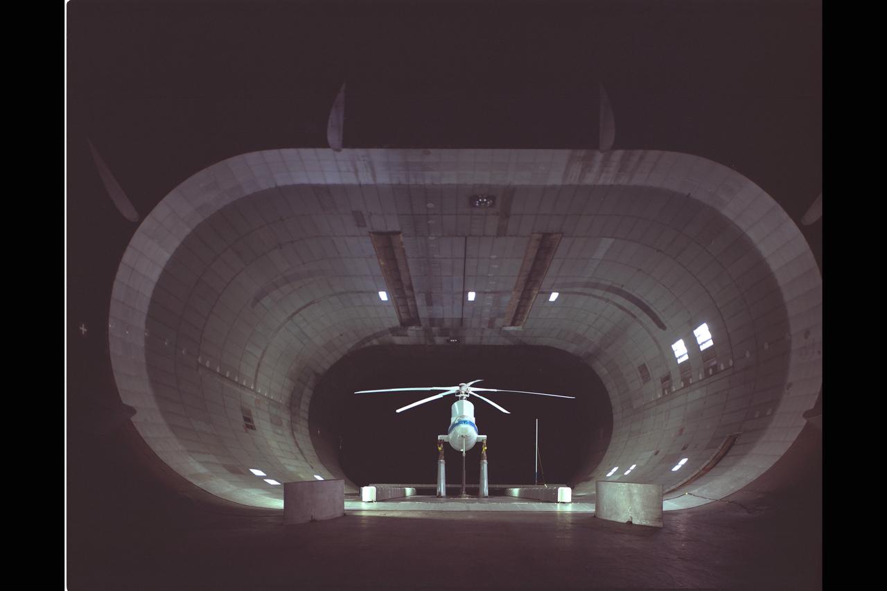 Sikorsky Bearingless Main rotor (SBMR) mounted on the Ames Rotor Test Apparatus (RTA) for testing in the NASA Ames40x80ft Subsonic Wind Tunnel, test-584.