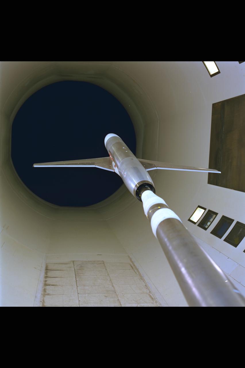 New renovated NASA Ames Research Center 12ft Pressure Wind Tunnel view from back of test section with model LB-435, showing tunnel closed