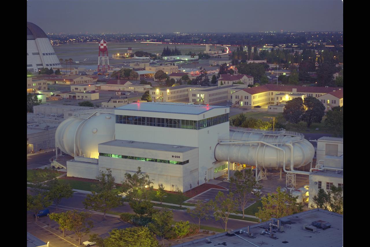 New renovated NASA Ames Research Center 12ft Pressure Wind Tunnel at dusk