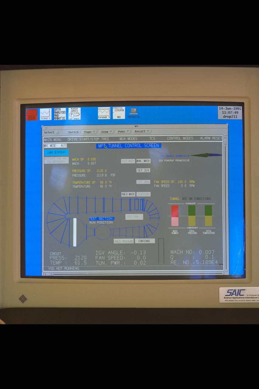 New renovated NASA Ames Research Center 12ft Pressure Wind Tunnel view of control room benchboard operations with tunnel control screen (computer system)