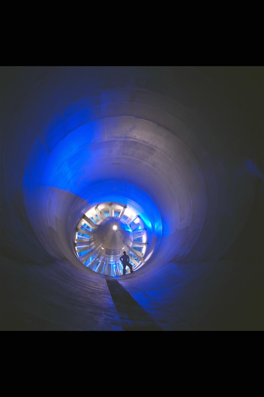 New renovated NASA Ames Research Center 12 foot Pressure Wind Tunnel, seen here is the single stage, 20 blade axial-flow fan powered by a 15,000 horsepower variable speed, synchronous electric motor that provides airflow in the closed-return, variable-density tunnel.