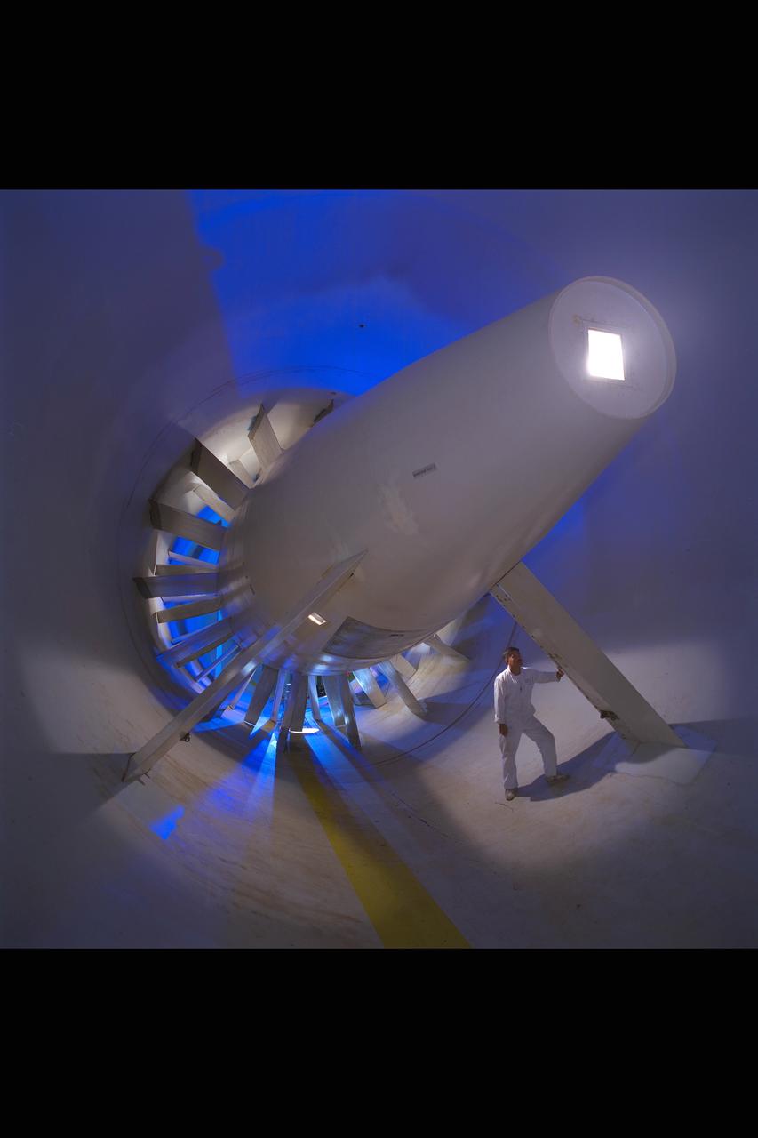 New renovated NASA Ames Research Center 12 foot Pressure Wind Tunnel, seen here is the single stage, 20 blade axial-flow fan powered by a 15,000 horsepower variable speed, synchronous electric motor that provides airflow in the closed-return, variable-density tunnel.