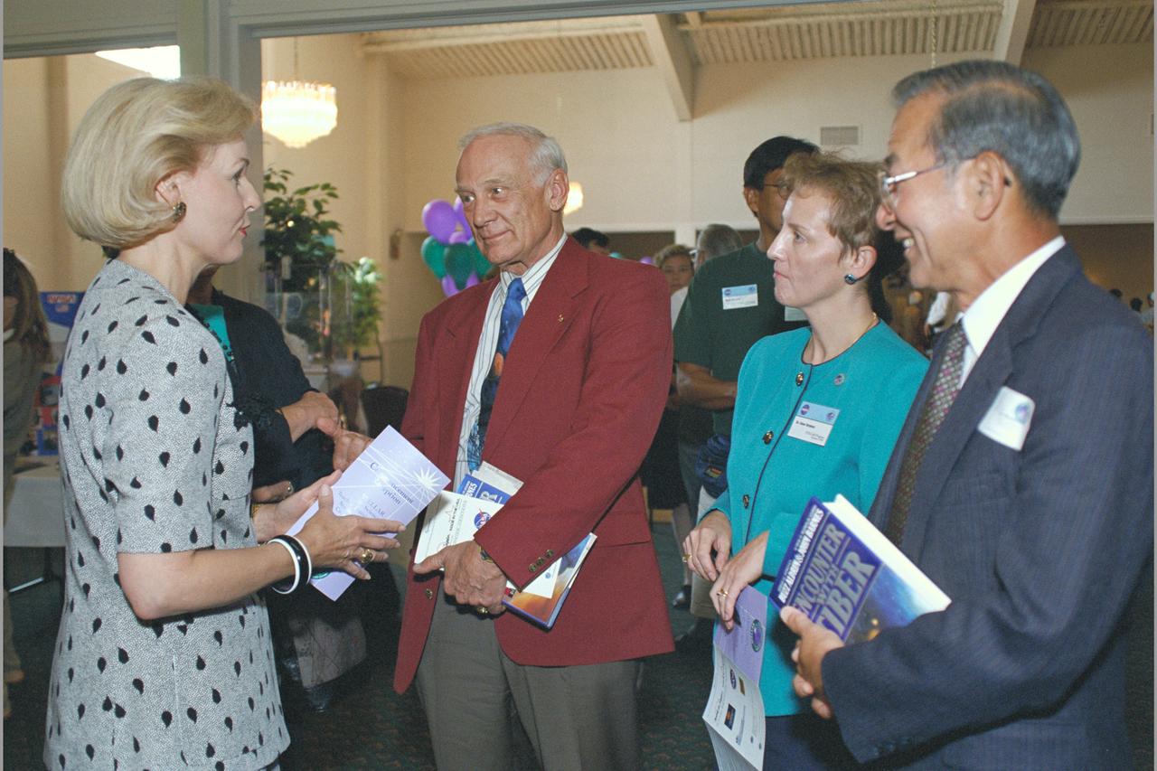 1996 'STELLAR'  and MCP summer programs commencement.  Apollo Astronaut Buzz Aldren drops by after attending his book signing at US Space Camp eariler in the day is shown here with Gayle Wilson (governor's wife) and Ken Munechika (R) and Dr. Rose Grymes (center)