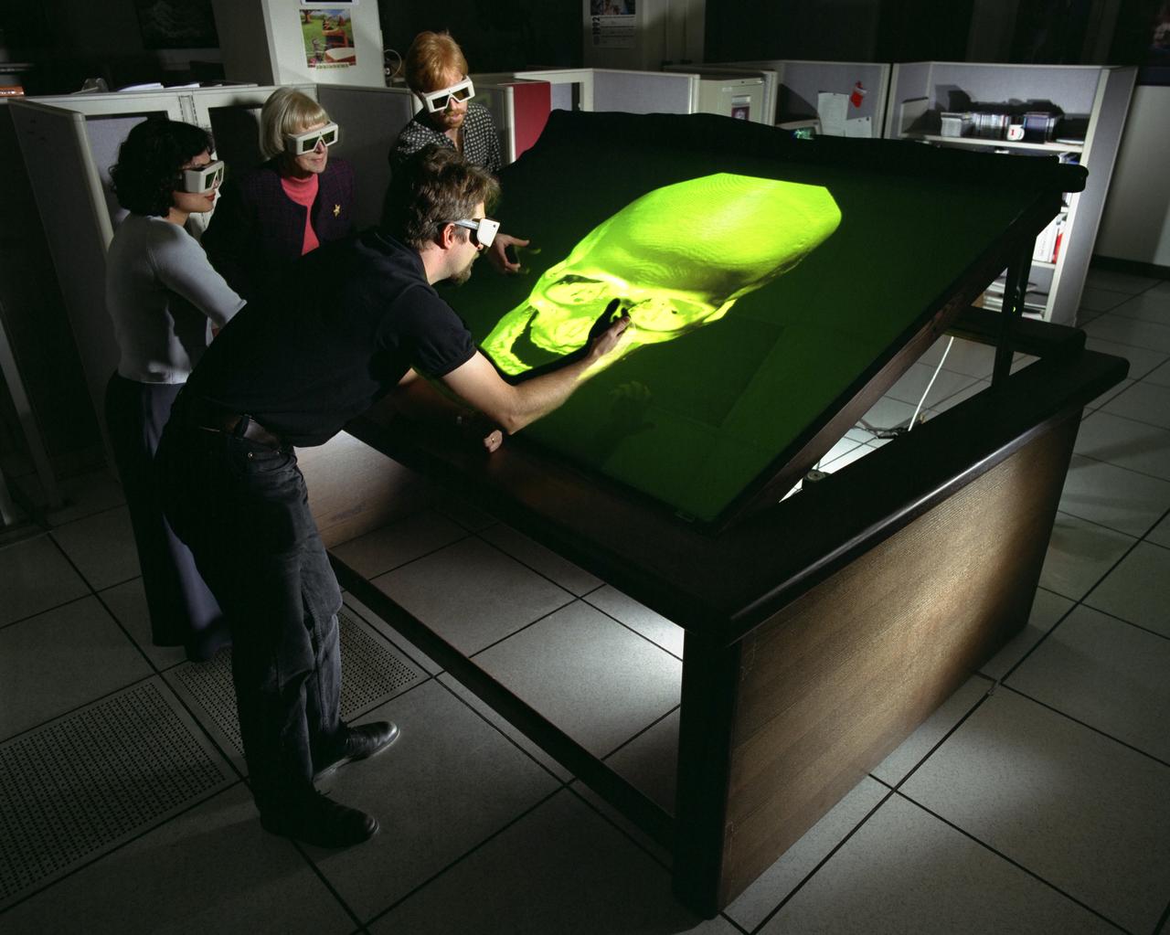 Fake Space Immersive Workbench N-239 showng skull for reconstructive surgery studies