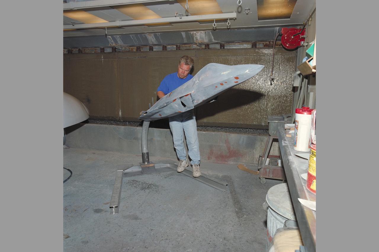 Manufacturing Division (Code JM) Projects. Ron Hovland working on X-36 model in N-212, Model Development & Advanced Composites Br (Code