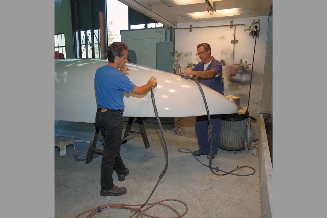 Manufacturing Division (Code JM) Projects. David Leskovsky & Gary Panola working on STAR (Subsonic Transport Aeronautic Research) model in N-212, Model Development & Advanced Composites Br (Code JMC)