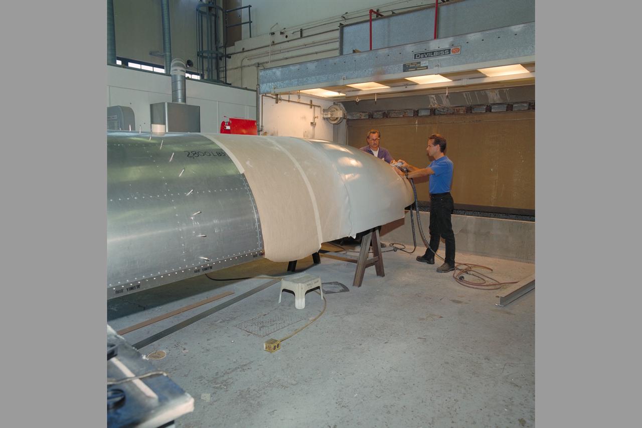 Manufacturing Division (Code JM) Projects. David Leskovsky & Gary Panola working on STAR (Subsonic Transport Aeronautic Research) model in N-212, Model Development & Advanced Composites Br (Code JMC)