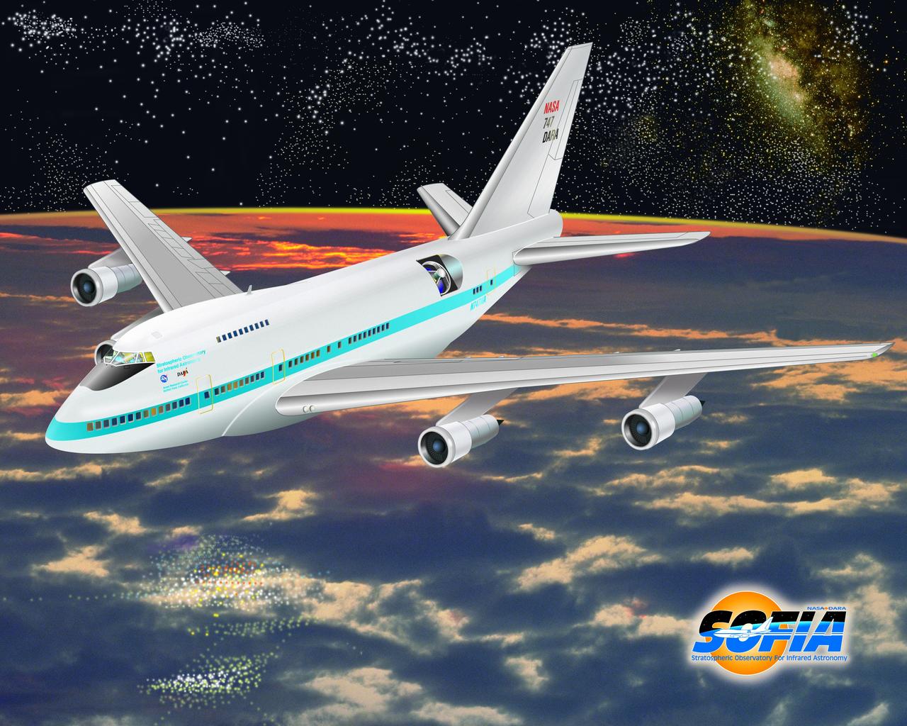 Artwork SOFIA (Stratospheric Observatory for Infrared Astronomy) in flight morning sky with logo in layers photoshop file