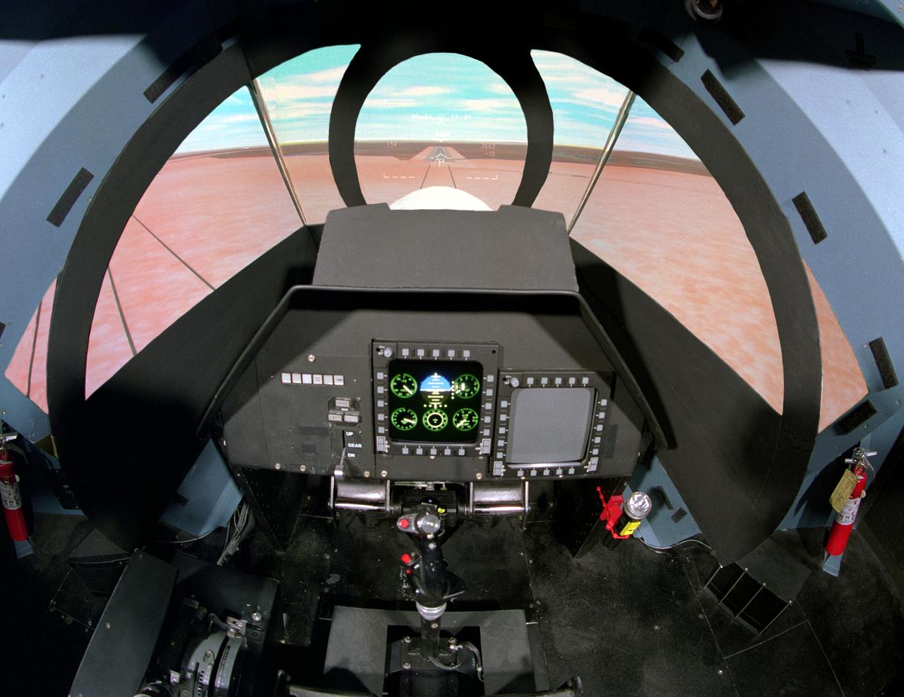 NASA Ames Vertical Motion Simulator (VMS): F-cab SIMFR (Simulation Frequency Response) Project; Pilots cockpit and out-the-window (OTW) view