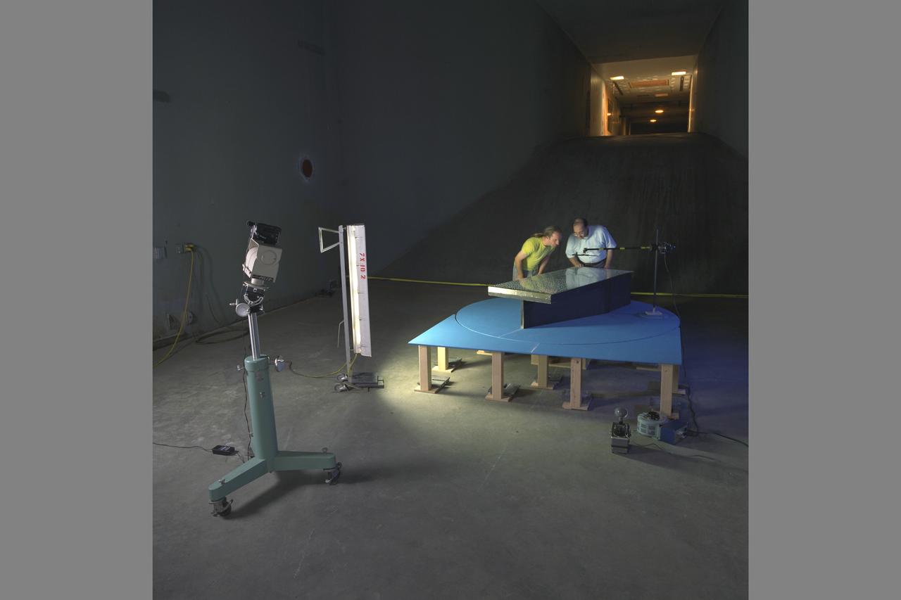 Test Setup and UltraViolet (UV) Lighting with Frank Caradonna, Ames and Kurtis Long, Project  Scientist.  Ship Airwake Investigation 7 x 10 ft#2 Wind Tunnel Settling Chamber.