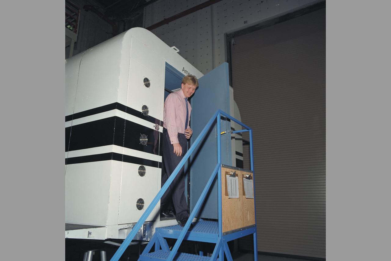 Prince Willem-Alexander van Oranje, Crown Prince of the Netherlands visits Ames shown here leaving VMS cab after a simulated flight