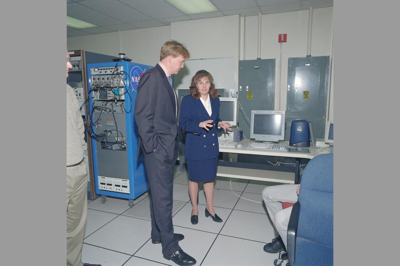 Julie Mikula & Prince in VMS Control Room.  Visit:  Crown Prince of the Netherlands, His Royal Highness The Prince of Orange Willem-Alexander.