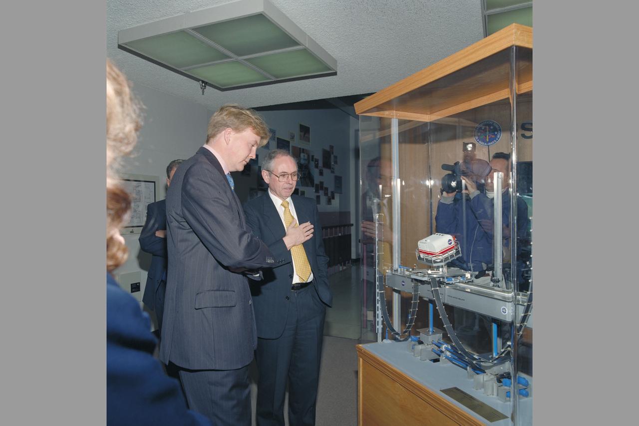 Prince Willem-Alexander van Oranje (Crown Prince of the Netherlands) visits Ames. Shown here with Dr Henry McDonald, Ames Director in lobby of N-243. His visit was prompted by his strong personal interest in aviation.