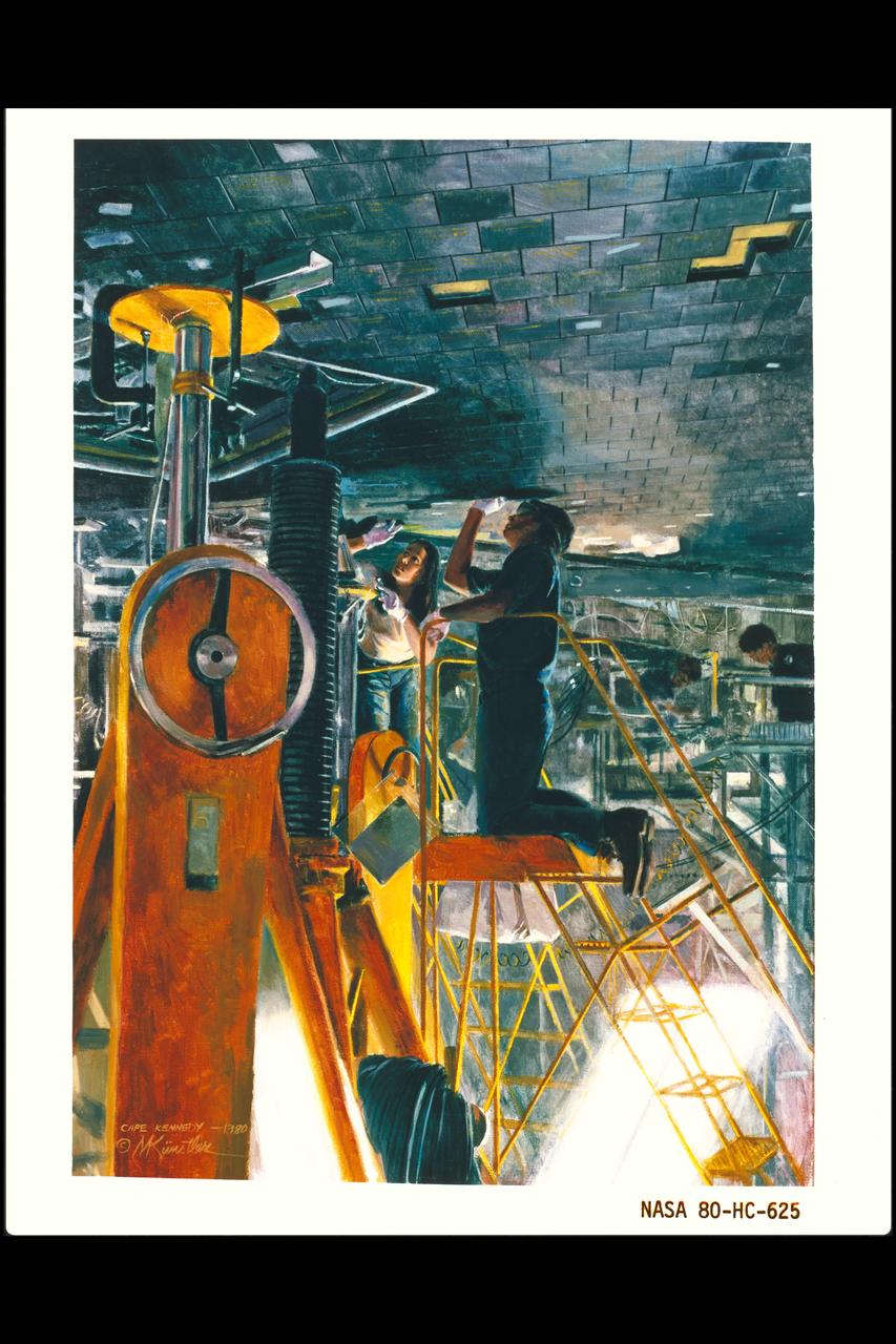 Oil Painting of the tile team at work, in 1980, in the orbiter processing facility at Kennedy Space Center.