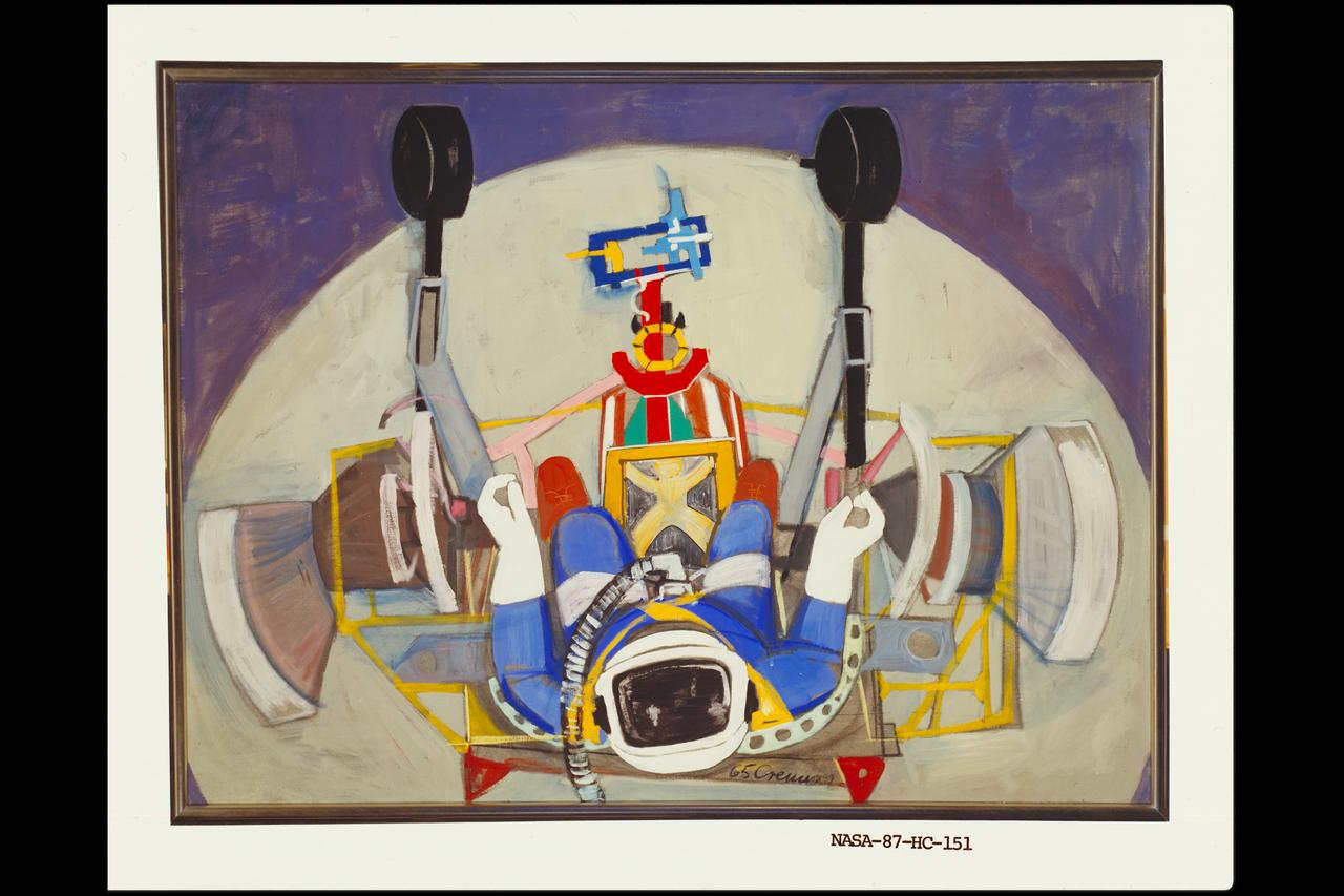 An astronaut training in 1965 for the Gemini missions, using a simulator chair based on an Ames design