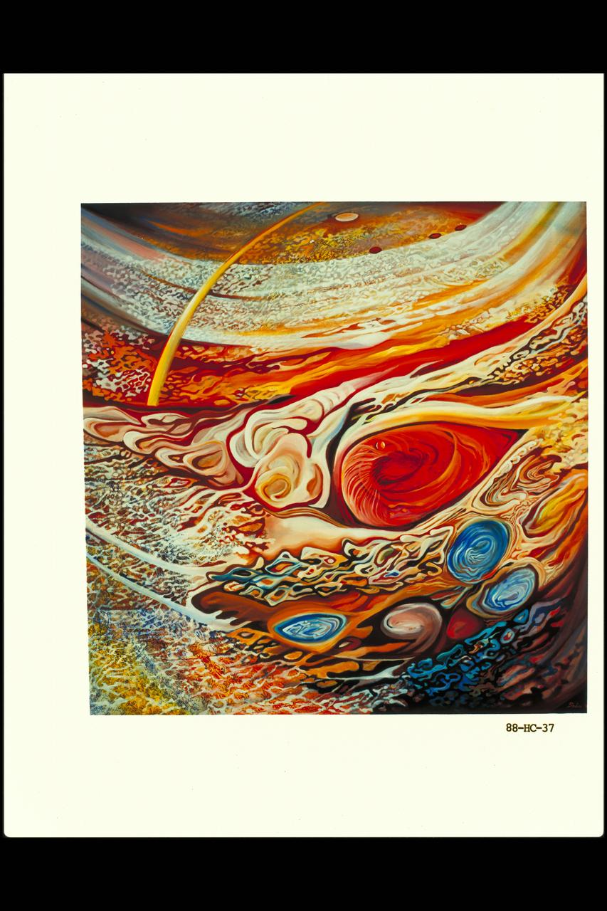 Oil painting depicting the storms of Jupiter, the satellite Io and the Great Red Spot