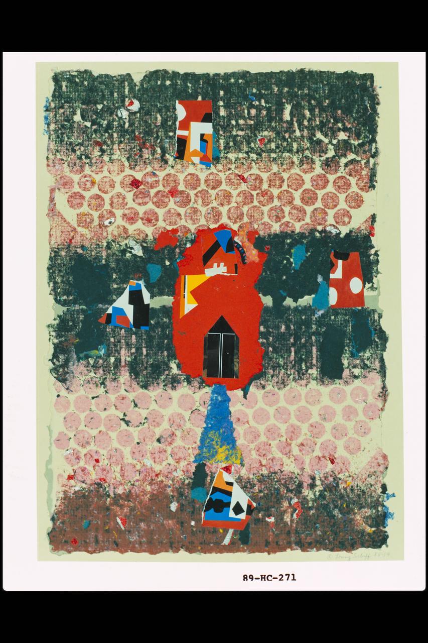 A paper collage interpreting the craters and ridged planes of Mars and the Viking 2 as it passed over Mar's surface on 2 November 1982, prior to landing.