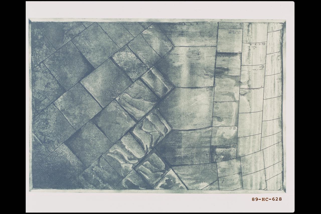 'Belly of the Bird' an etching by Deborah E. Deschner. Tiles underlining the Shuttle Columbia show the subtle ghostlike patterns touched on their surface during reentry.