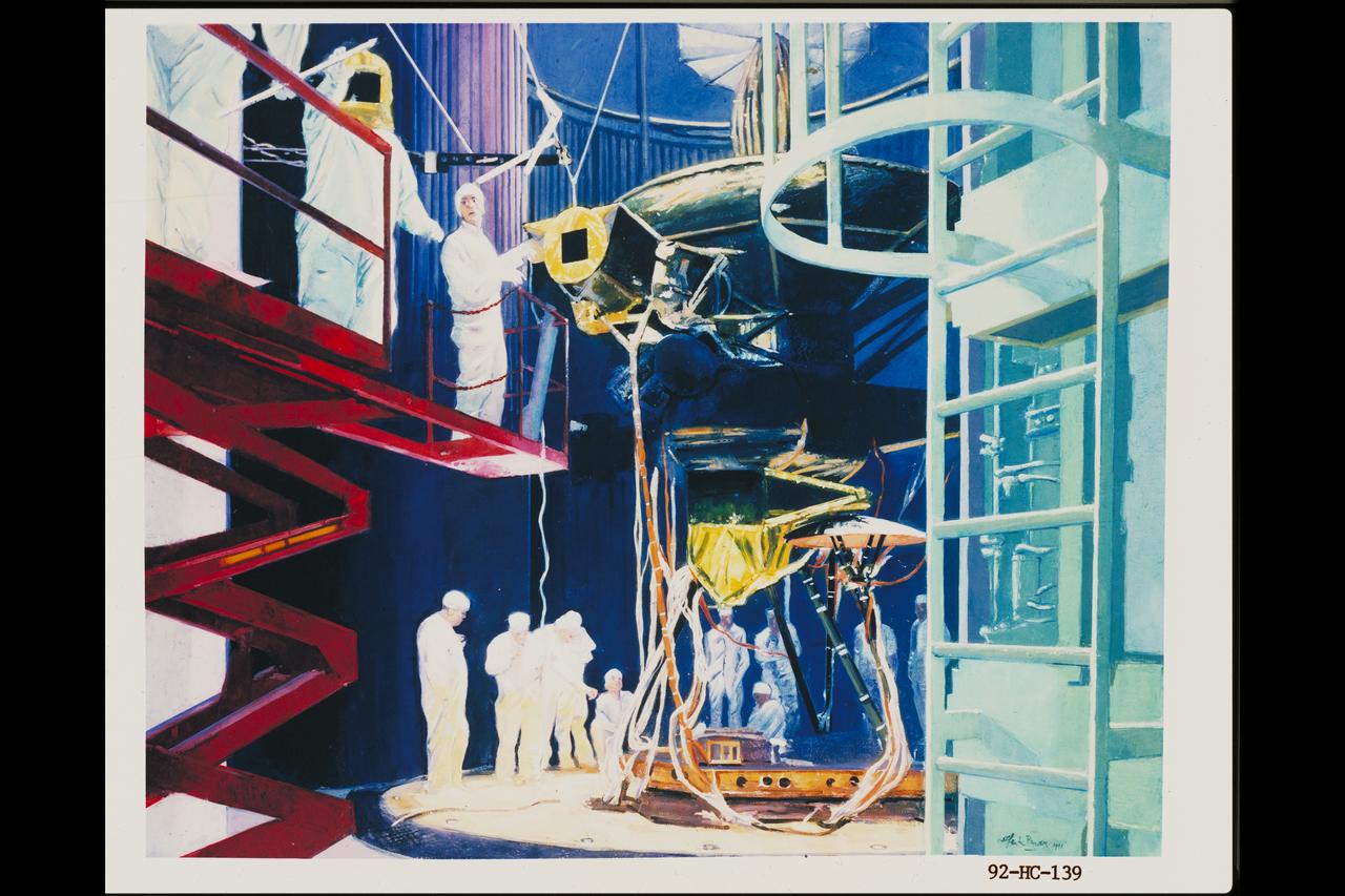 Painting o fthe Galileo spacecraft at the Jet Propulsion Laboratory for a vacuum test