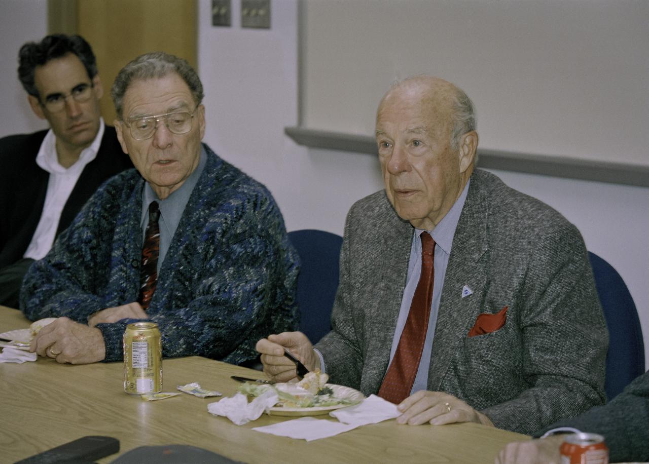 Jack Boyd, Special Assistant to the Center Director (center) and The Honorable George P. Schultz during a Visit and tour of Ames Research Center.