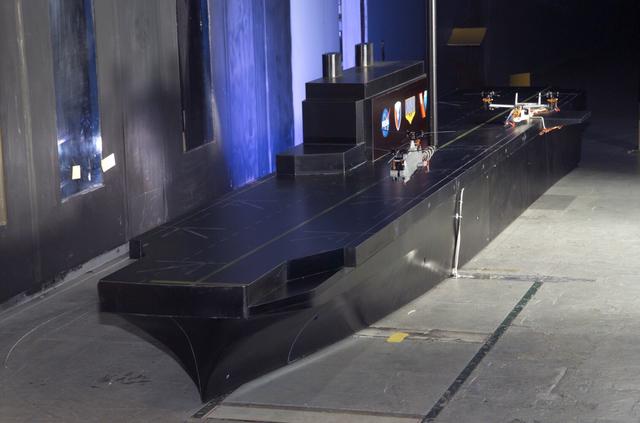 VSHAIP test in 7x10ft#1 W.T. (multiple model configruations) V-22 helicopter shipboard aerodynamic interaction program:  SH-3G and Osprey models fix with  V-22 Blades on deck of aircraft carrier