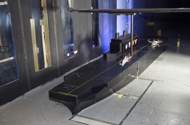 VSHAIP test in 7x10ft#1 W.T. (multiple model configruations) V-22 helicopter shipboard aerodynamic interaction program:  SH-3G and Osprey models fix with  V-22 Blades on deck of aircraft carrier
