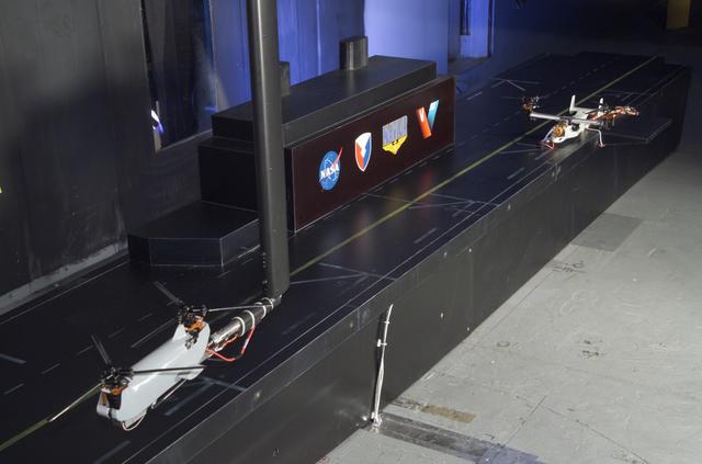 VSHAIP test in 7x10ft#1 W.T. (multiple model configruations) V-22 helicopter shipboard aerodynamic interaction program:  SH-3G and Osprey models fix with  V-22 Blades on deck of aircraft carrier