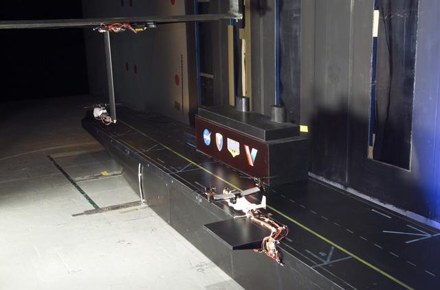 VSHAIP test in 7x10ft#1 W.T. (multiple model configruations) V-22 helicopter shipboard aerodynamic interaction program: rear view of model on deck