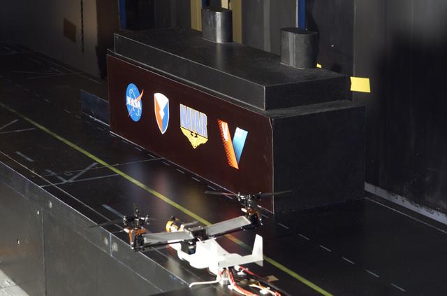 VSHAIP test in 7x10ft#1 W.T. (multiple model configruations) V-22 helicopter shipboard aerodynamic interaction program: rear view Osprey on deck