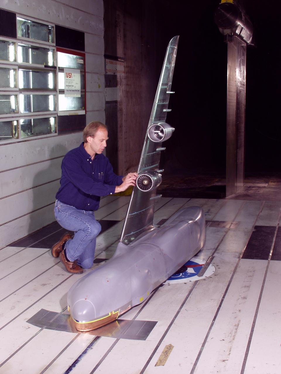 C-5 Re-engineering and Realiability Program semi-span model; 11ft w.t. Test-11-0103; Throught flow nacelle and inboard nacelle with turbine propulsion systems unit with Doug Atler