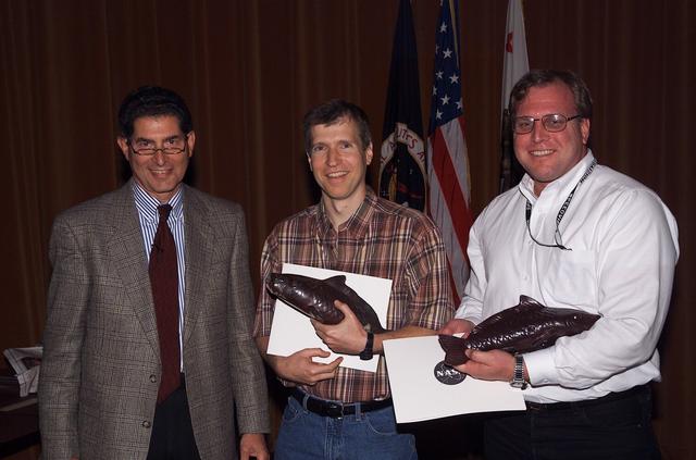Technology Infusion Award (Code I) 'Golden Fish' presented by Steve Zornitzer to Jay Trimble and John Schreiner for their work on JPL/MER program
