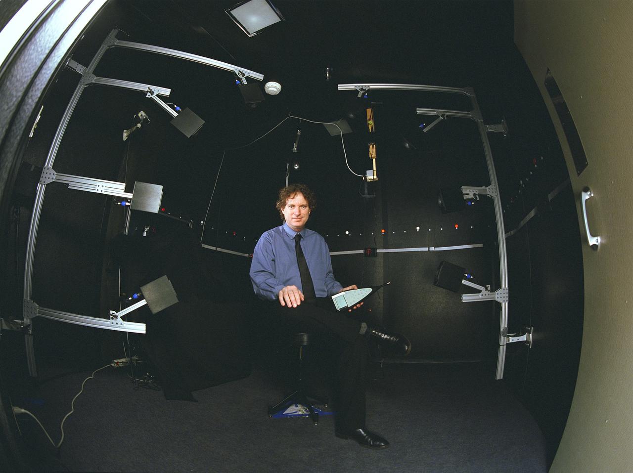 3-D Audio Laboratory N-262 (rm194) Human Factors Research. Druand 'Randy' Begauldt in sound booth.