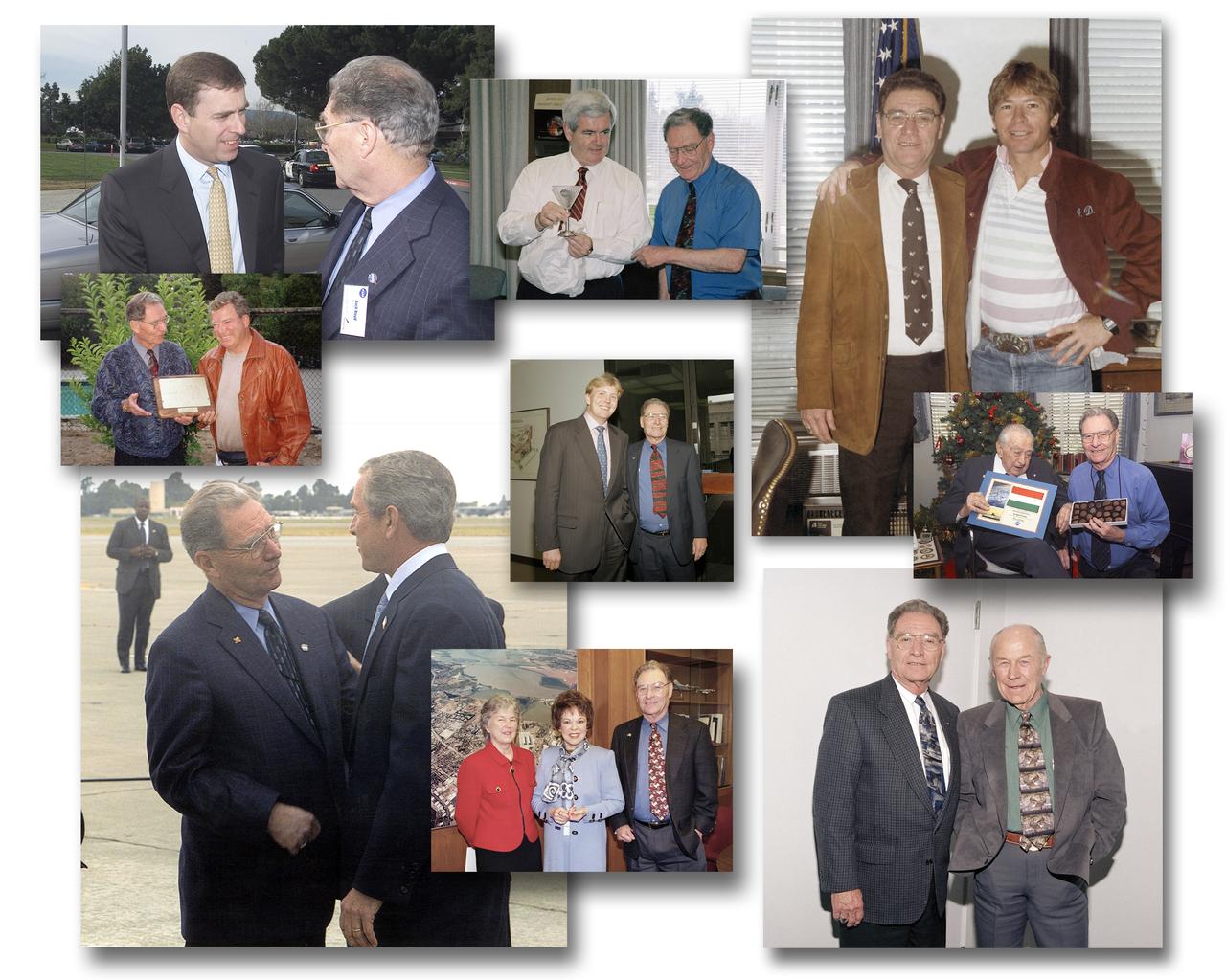 Jack Boyd greeting VIP visitors to NASA Ames Research Center  Top left to right; His Royal Highness (HRH) Prince Andrew, Duke of York (AC02-0028 series)  Senator Newt Gingrich (AC00-0032 series) Singer John Denver (AC85-0686 series) Middle; Prince Willem Alexander, Crown Prince of the Netherlands (AC99-0013 series) Bottom left to right; United States President George G.W. Bush (ACD02-0082 series), Actor and Diplomat Shirley Temple Black (AC99-0071 series). Air Force Test Pilot Charles 'Chuck' Yeager AC98-0204 series).
