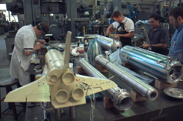 3% Space Shuttle Model preparation in Ames Machine Shop for Return to flight test to be run in the Ames 9X7ft wind tunnel test T97-0131 (IA-700B)